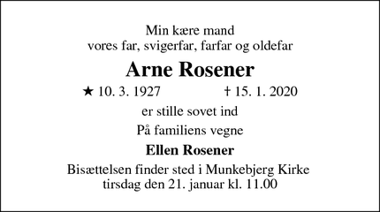 Dødsannoncen for Arne Rosener - Odense 