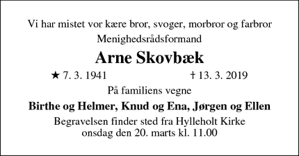 Dødsannoncen for Arne Skovbæk - Faxe Ladeplads