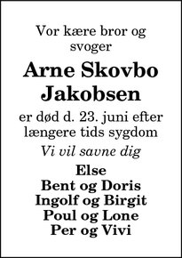 Dødsannoncen for Arne Skovbo Jakobsen - Hjørring