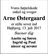 Dødsannoncen for Arne Østergaard - Højbjerg