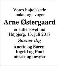 Dødsannoncen for Arne Østergaard - Højbjerg