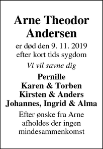 Dødsannoncen for Arne Theodor Andersen - Sødring, 8970 Havndal
