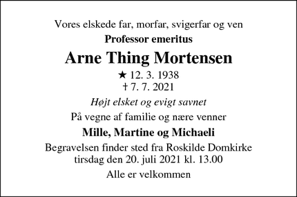 Dødsannoncen for Arne Thing Mortensen - Roskilde