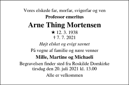 Dødsannoncen for Arne Thing Mortensen - Roskilde