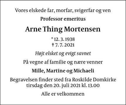 Dødsannoncen for Arne Thing Mortensen - Roskilde