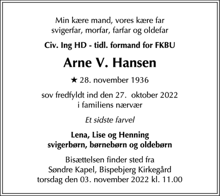 Dødsannoncen for Arne V. Hansen - Gladsaxe