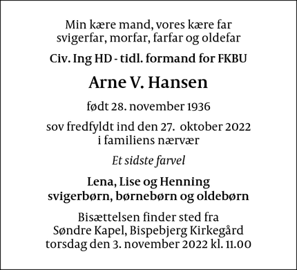 Dødsannoncen for Arne V. Hansen - Gladsaxe