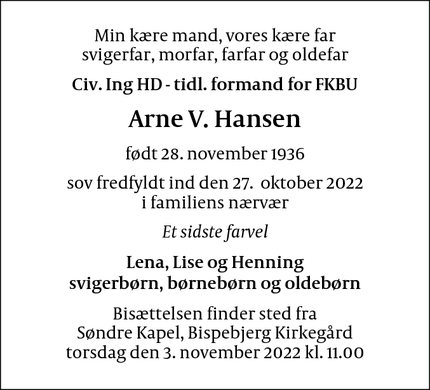 Dødsannoncen for Arne V. Hansen - Gladsaxe