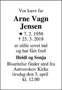 Dødsannoncen for Arne Vagn Jensen - Slagelse