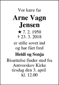 Dødsannoncen for Arne Vagn Jensen - Slagelse