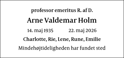 Dødsannoncen for Arne Valdemar Holm - Vejby