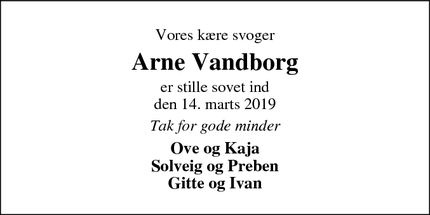 Dødsannoncen for Arne Vandborg - Holstebro