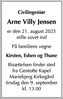 Dødsannoncen for Arne Villy Jensen - Charlottenlund