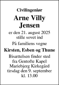 Dødsannoncen for Arne Villy Jensen - Charlottenlund
