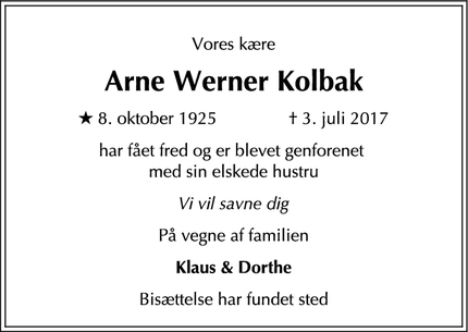 Dødsannoncen for Arne Werner Kolbak - Frederiksberg