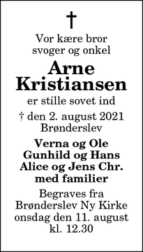 Dødsannoncen for Arne
Kristiansen - Brønderslev 