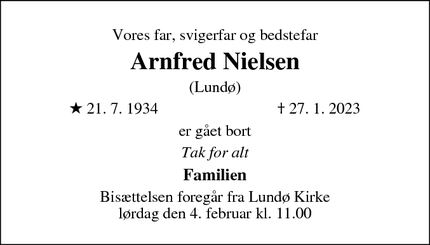 Dødsannoncen for Arnfred Nielsen - Lem St