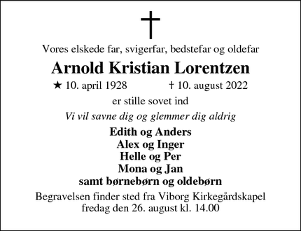 Dødsannoncen for Arnold Kristian Lorentzen - Løgstrup/Stoholm