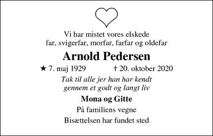 Dødsannoncen for Arnold Pedersen - Ribe