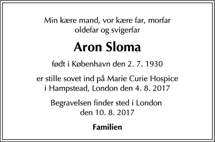 Dødsannoncen for Aron Sloma - London