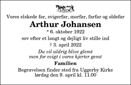 Dødsannoncen for Arthur Johansen - Højbjerg