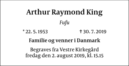 Dødsannoncen for Arthur Raymond King - København Ø