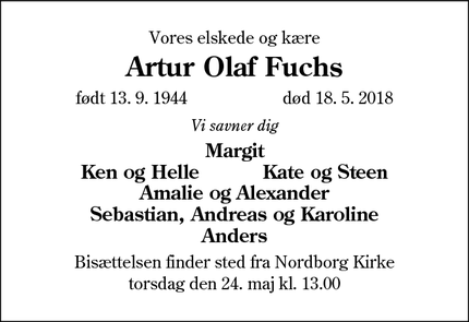 Dødsannoncen for Artur Olaf Fuchs - 6430 Nordborg