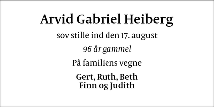 Dødsannoncen for Arvid Gabriel Heiberg - Birkerød