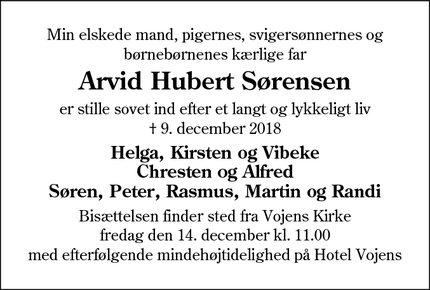 Dødsannoncen for Arvid Hubert Sørensen - Vojens