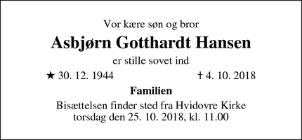 Dødsannoncen for Asbjørn Gotthardt Hansen - Valby