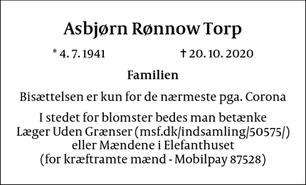 Dødsannoncen for Asbjørn Rønnow Torp - København K