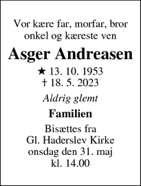 Dødsannoncen for Asger Andreasen - København S