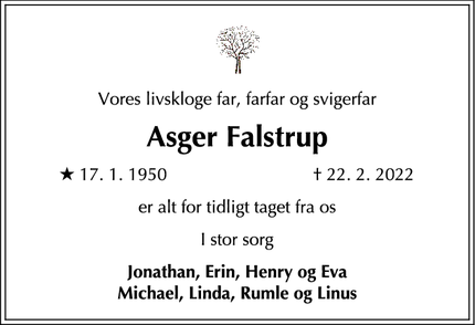 Dødsannoncen for Asger Falstrup - nykøbing sjælland