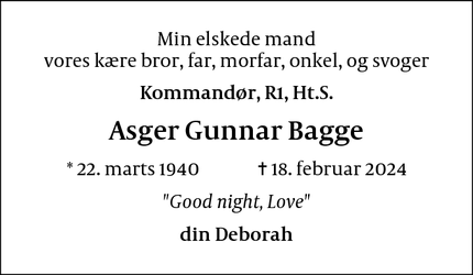 Dødsannoncen for Asger Gunnar Bagge - Camden, Maine, USA