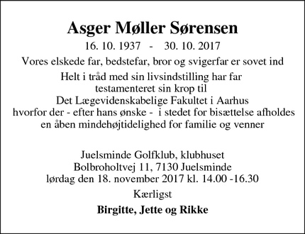 Dødsannoncen for Asger Møller Sørensen - Snekkersten