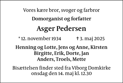 Dødsannoncen for Asger Pedersen - Nørre Aaby