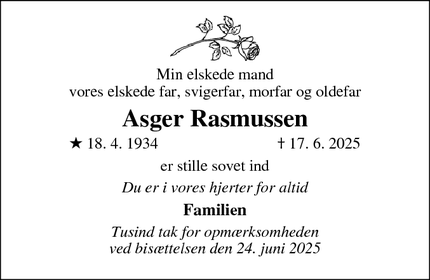 Dødsannoncen for Asger Rasmussen - Vordingborg