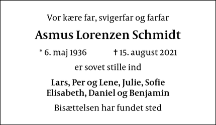Dødsannoncen for Asmus Lorenzen Schmidt - Hørsholm