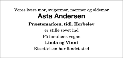 Dødsannoncen for Asta Andersen - Stubbekøbing