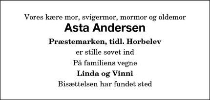 Dødsannoncen for Asta Andersen - Stubbekøbing