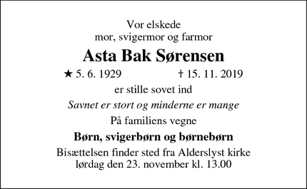 Dødsannoncen for Asta Bak Sørensen - Silkeborg