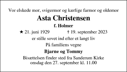 Dødsannoncen for Asta Christensen - Odense