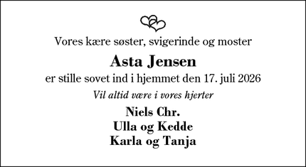 Dødsannoncen for Asta Jensen - Sønder Felding