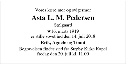 Dødsannoncen for Asta L. M. Pedersen - Strøby