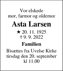 Dødsannoncen for Asta Larsen - Uvelse