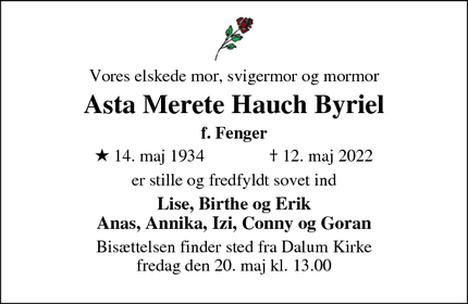 Dødsannoncen for Asta Merete Hauch Byriel - Odense SV