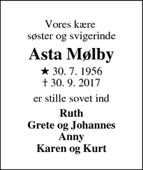 Dødsannoncen for Asta Mølby - Lønborg