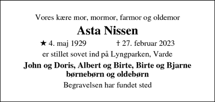 Dødsannoncen for Asta Nissen - Varde