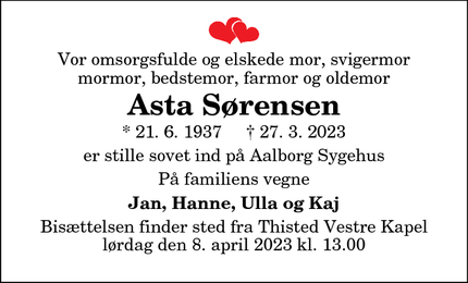 Dødsannoncen for Asta Sørensen - Thisted