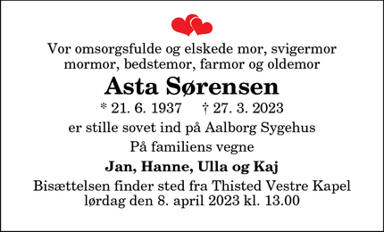 Dødsannoncen for Asta Sørensen - Thisted